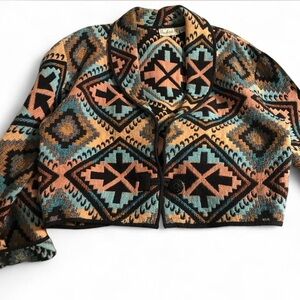 Cropped Geometric Aztec Pattern Blazer - Peach & Teal country western